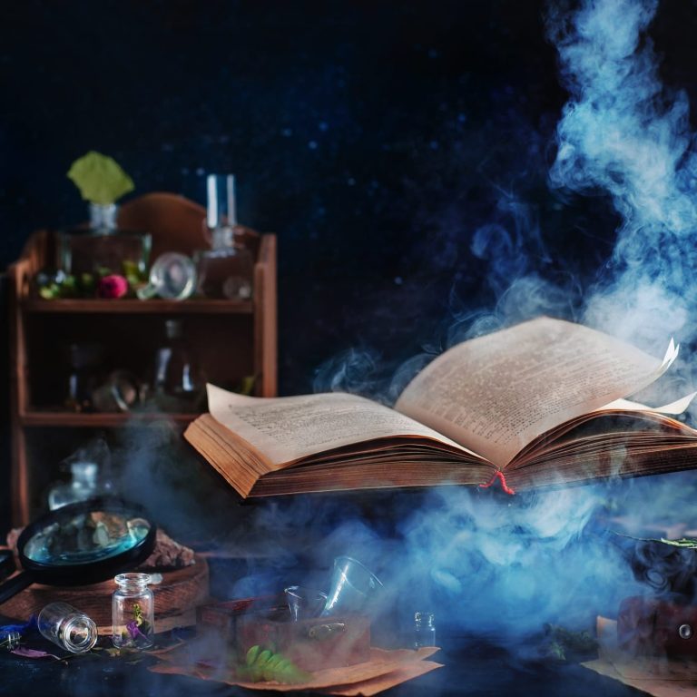 Still life with levitating book of spells, jars and bottles on a dark background with rising mystic smoke