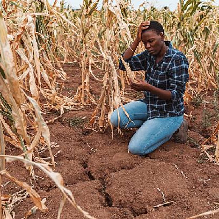 African farmer kneeling in her dry corn field, inspecting damaged crops and touching her head, worried about the drought